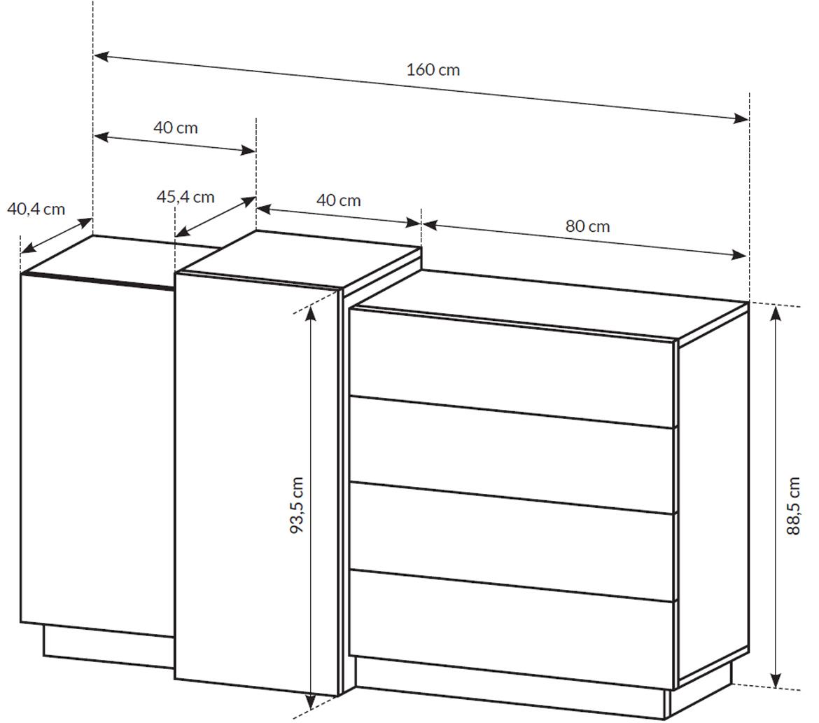 3D komoda 2 vrata+4 fioke 160x45x93 bela/zlatni hrast