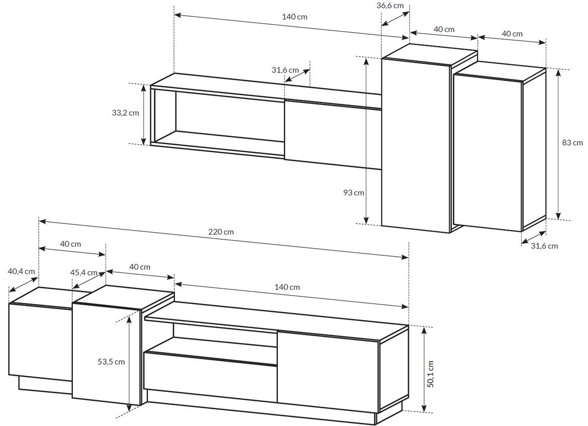 3D regal 220x40x200 beli/zlatni hrast