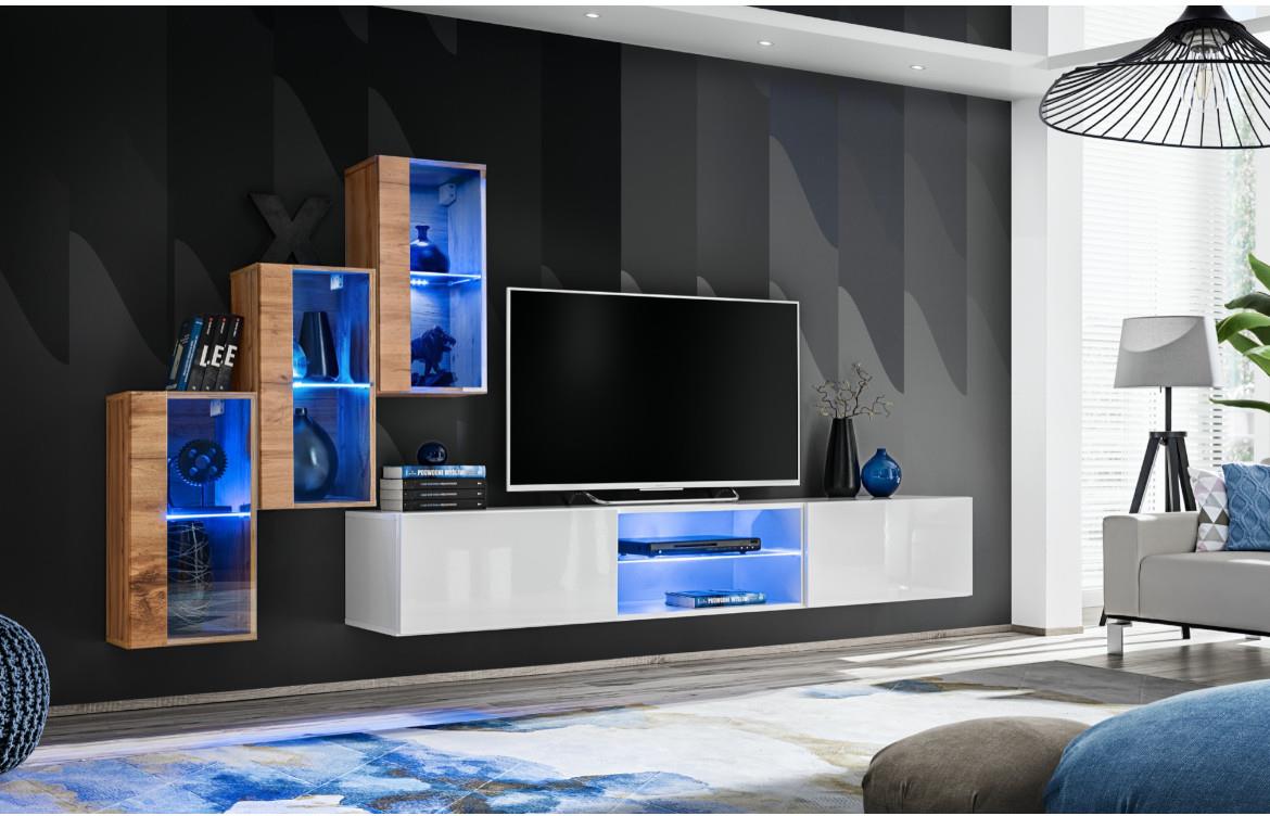 Switch 3 TV komoda+LED 2 vrata+2 otvora 180x40x30 beli visoki sjaj