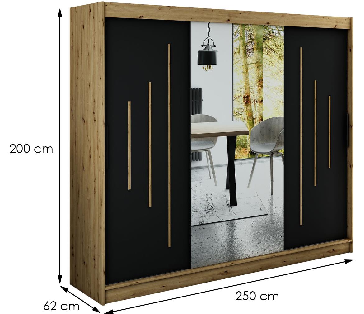 Halifax ormar Y1 3 vrata/ogledalo 250x62x200 natur (artisan hrast)/crni