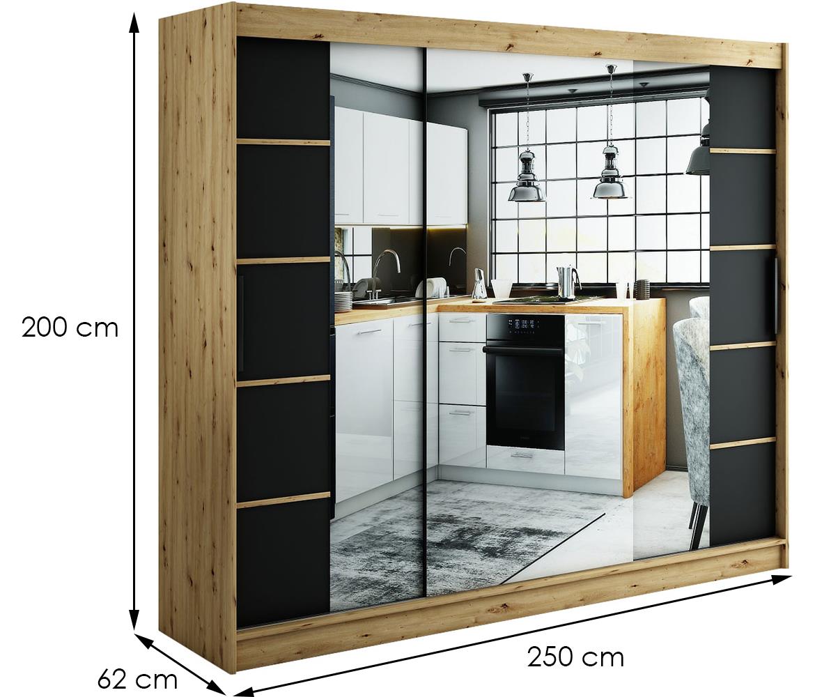 Halifax ormar V4 3 vrata/ogledalo 200x62x200 natur (artisan hrast)/crni