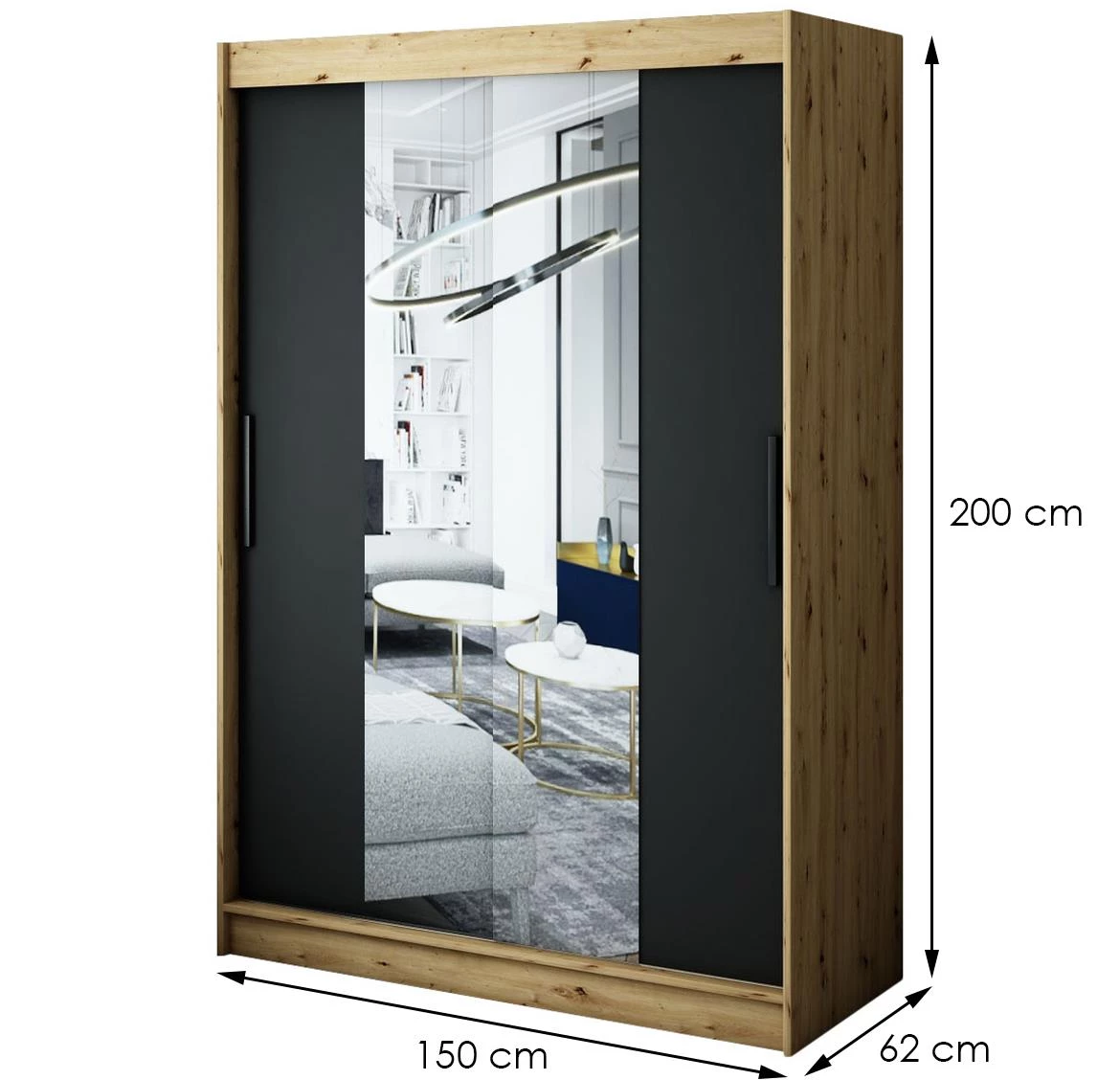 Halifax ormar T1 2 vrata/ogledalo 150x62x200 natur (artisan hrast)/crni