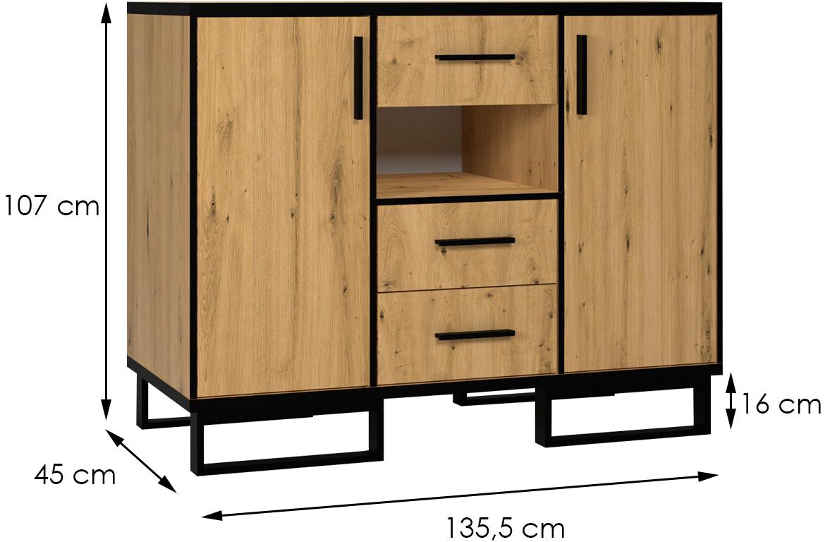 Oslo komoda 2 vrata+3 fioke+1 otvor 135,5x45x107 natur (wotan hrast)/crna