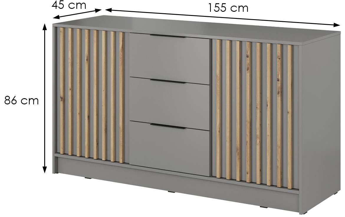 Nelly komoda 2 vrata+3 fioke 155x45x86 svetlo siva/natur (artisan hrast)