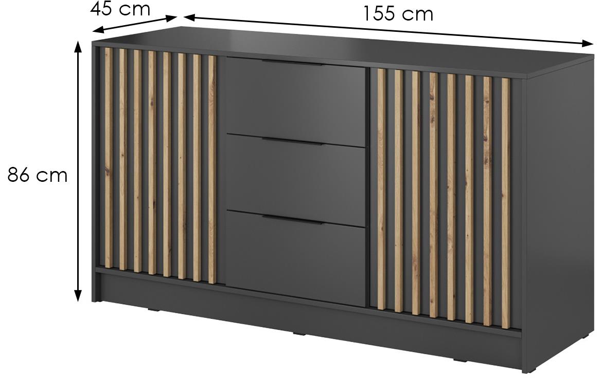 Nelly komoda 2 vrata+3 fioke 155x45x86 tamno siva/natur (artisan hrast)