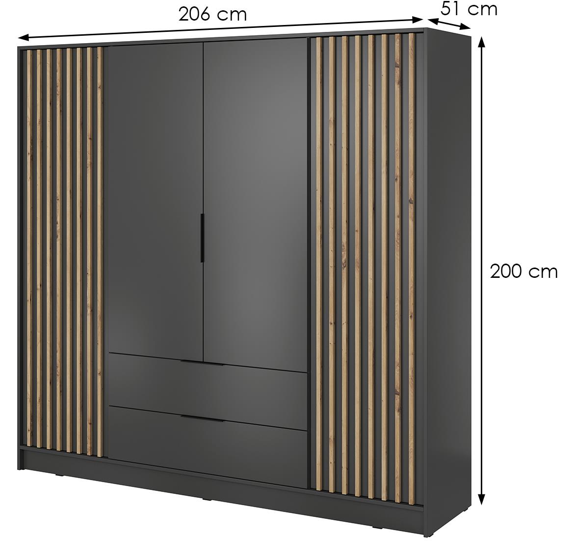 Nelly ormar 4 vrata+2 fioke 206x51x200 tamno sivi/natur (artisan hrast)