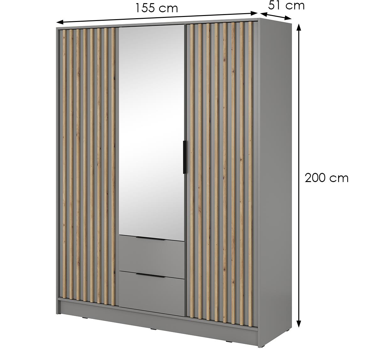 Nelly ormar 2 vrata/ogledalo+2 fioke 155x51x200 svetlo siva/natur (artisan hrast)