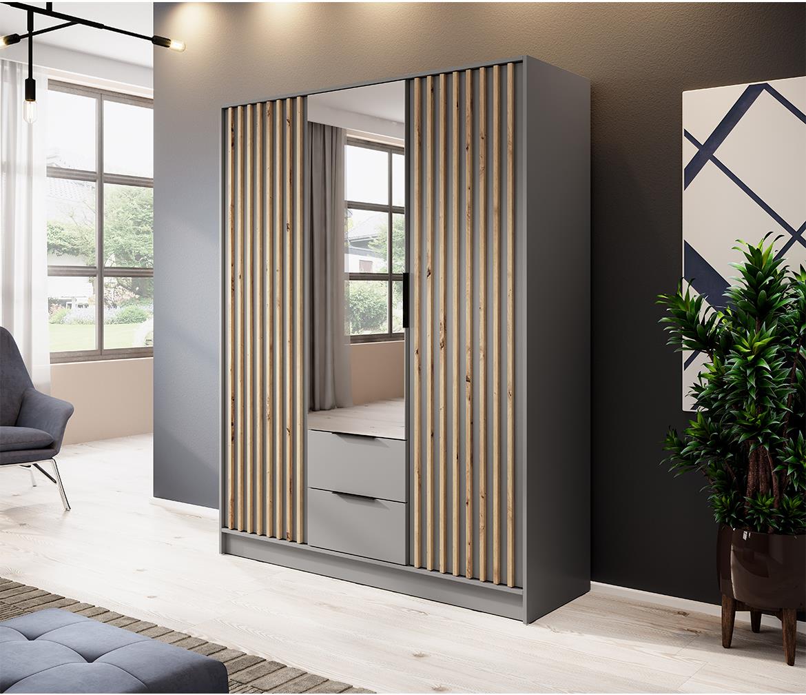 Nelly ormar 2 vrata/ogledalo+2 fioke 155x51x200 svetlo siva/natur (artisan hrast)