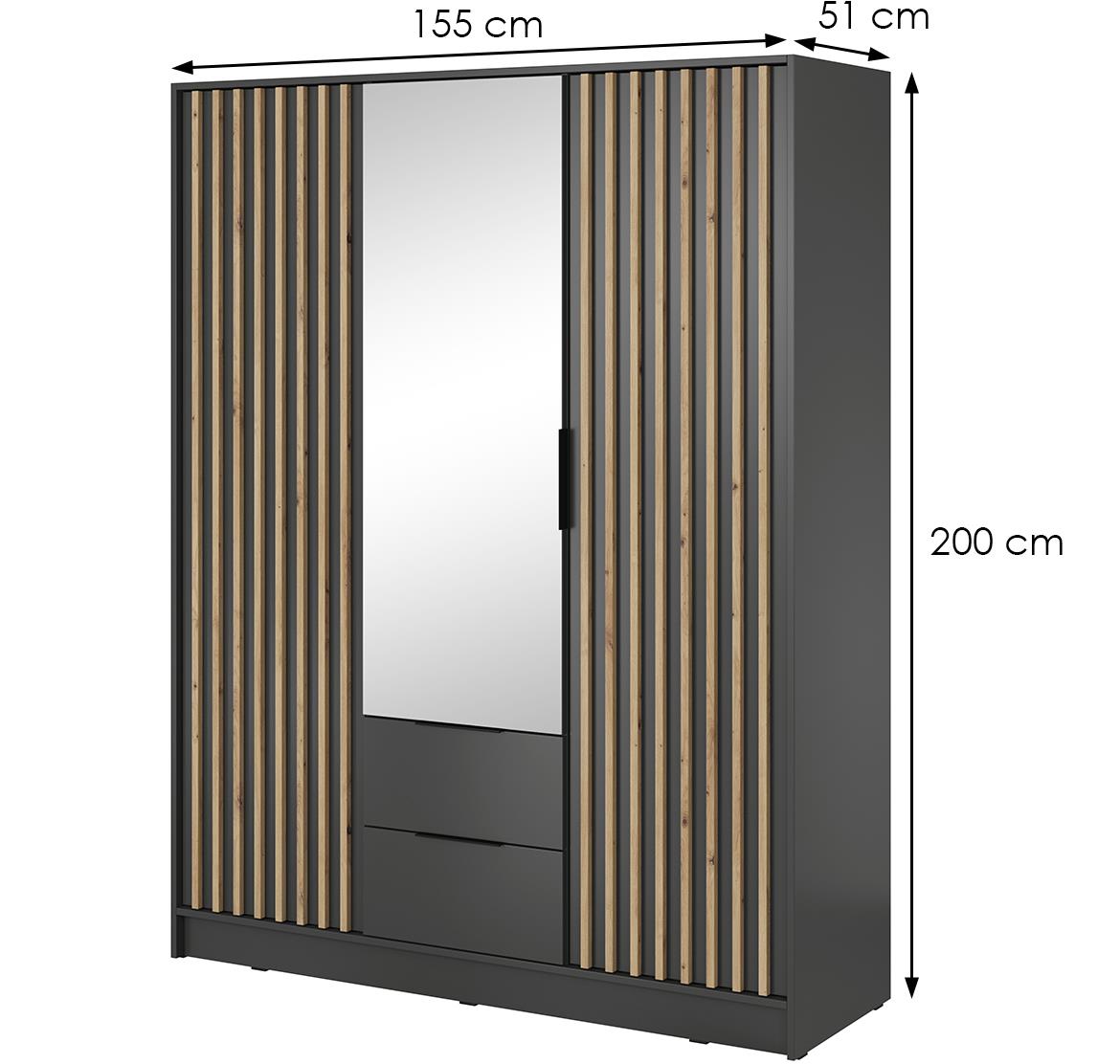 Nelly ormar 2 vrata/ogledalo+2 fioke 155x51x200 tamno siva/natur (artisan hrast)