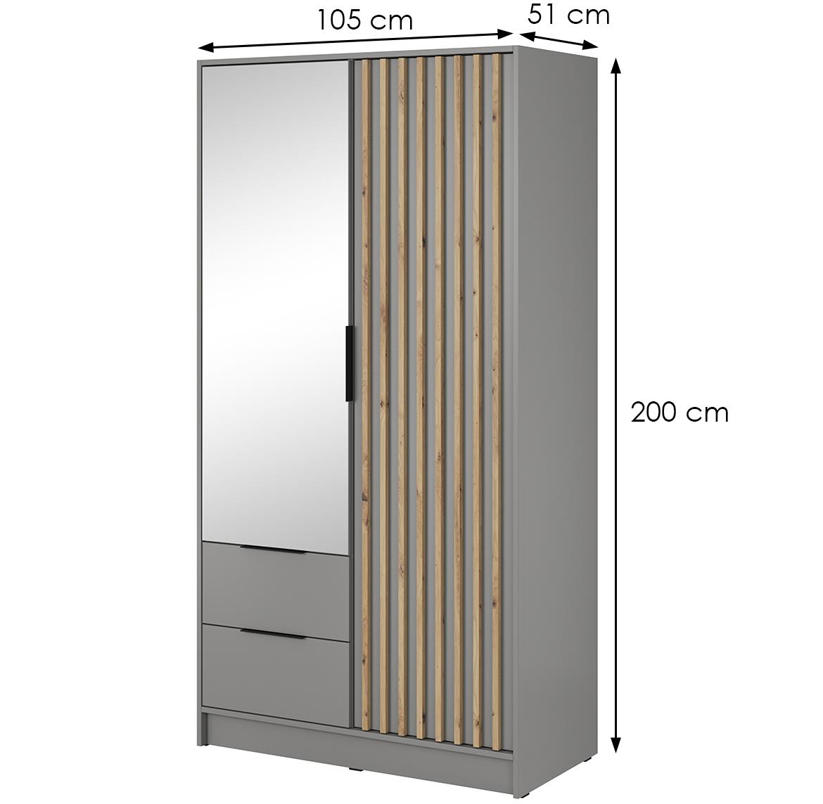 Nelly ormar 2 vrata/ogledalo+2 fioke 105x51x200 svetlo siva/natur (artisan hrast)