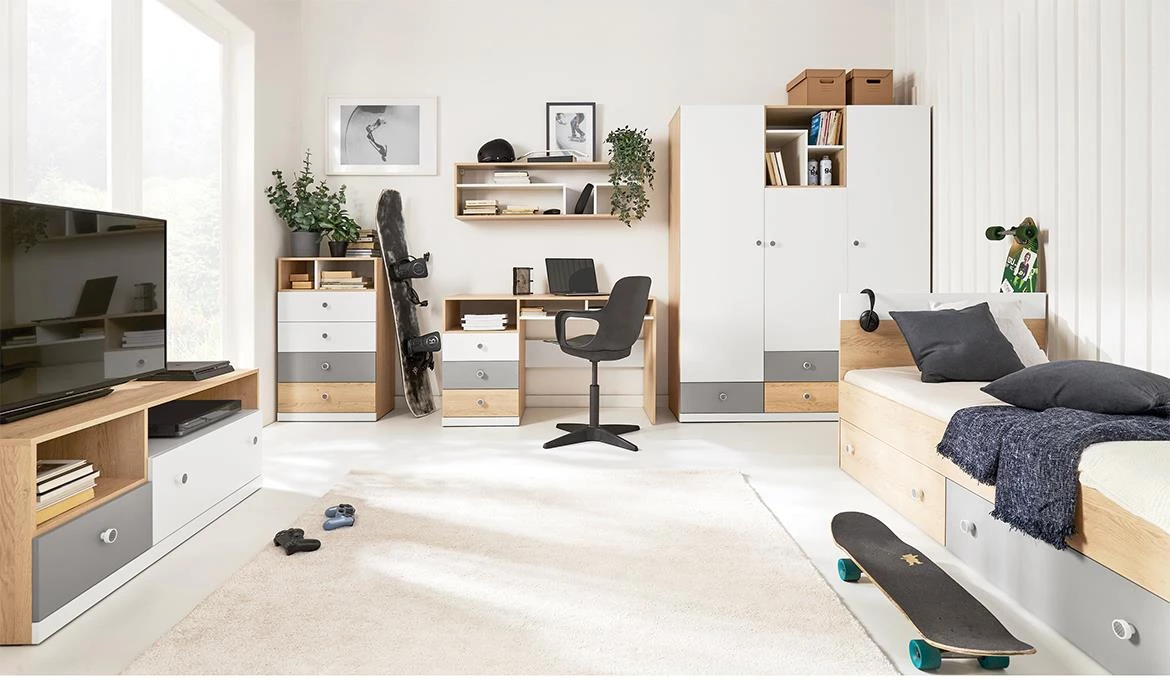 Pixel PX14 krevet 2 fioke 94x204x80 natur/belo/sivi