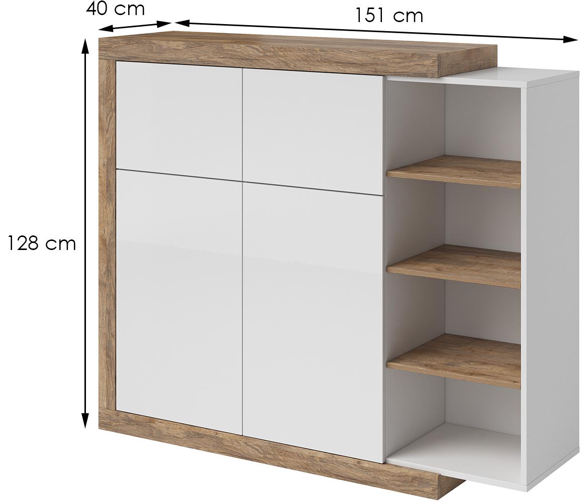 Sintra 45 komoda 2 vrata+2 fioke+4 otvora 150x40x128 cm hrast/bela