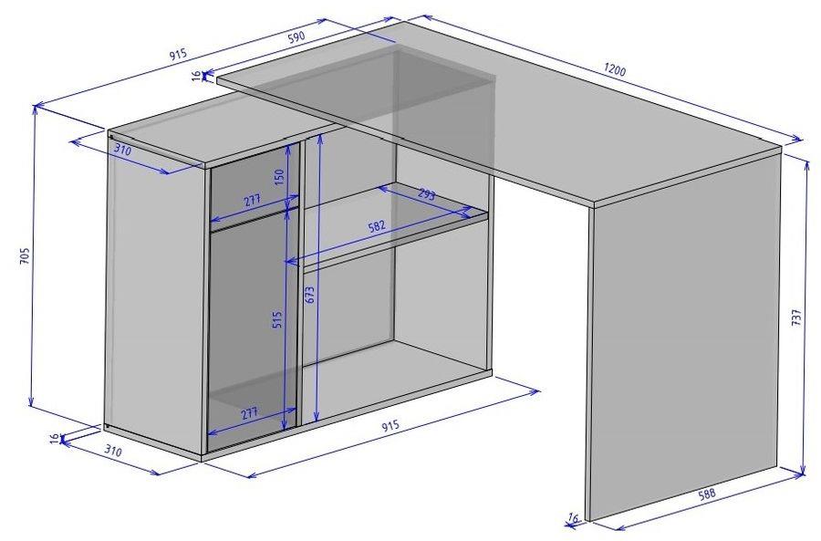 Saulo ugaoni radni sto 1 vrata+1 fioka+police 91x120x75,3 cm beli