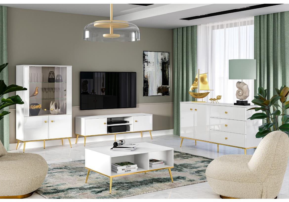 Goldin 03 vitrina 4 vrata 92x40x152,3 cm bela visoki sjaj/zlatna