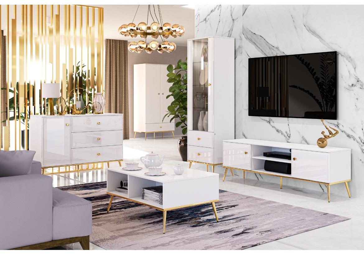 Goldin 03 vitrina 4 vrata 92x40x152,3 cm bela visoki sjaj/zlatna