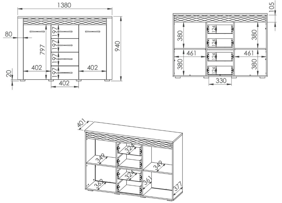 Clermont 07 komoda 2 vrata+4 fioke 138x40x94 cm bela