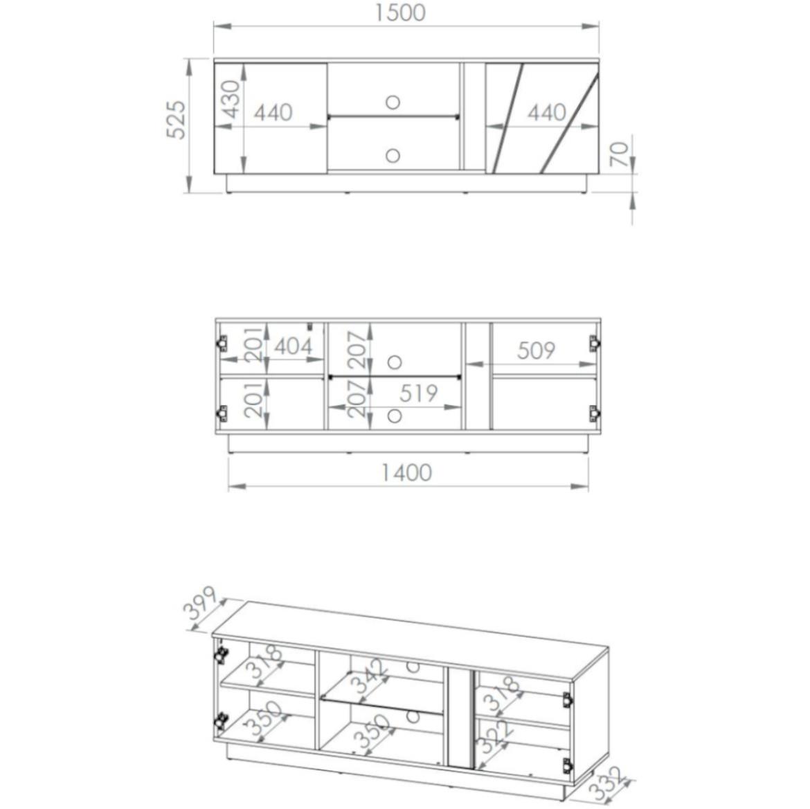 Lumens 09 TV komoda 2 vrata+2 otvora 150x40x53 cm bela visoki sjaj/beton