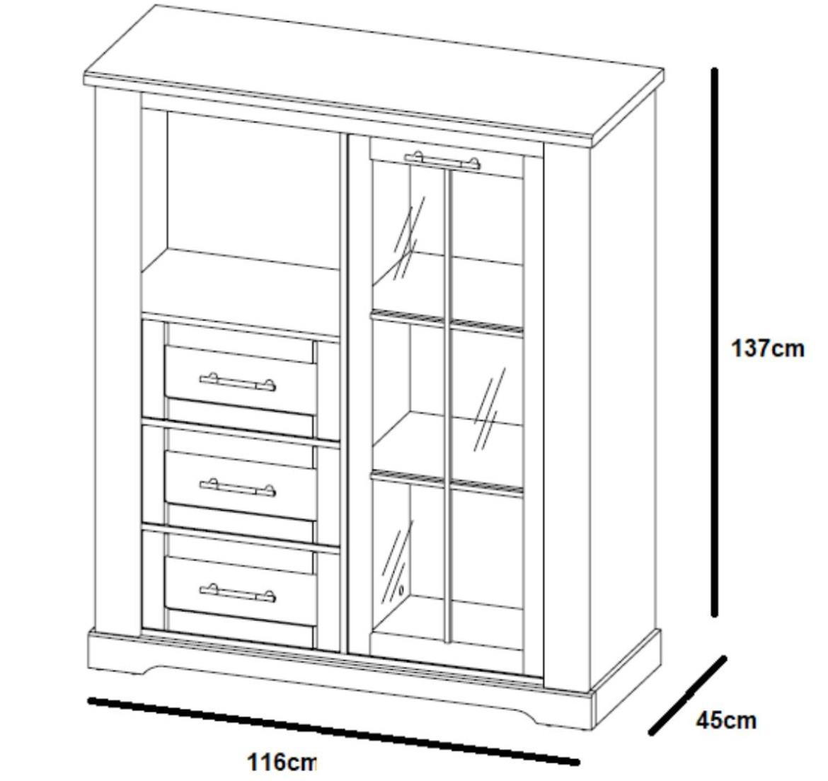 Country 15 vitrina 1 vrata+3 fioke 116x45x137 cm bela/hrast