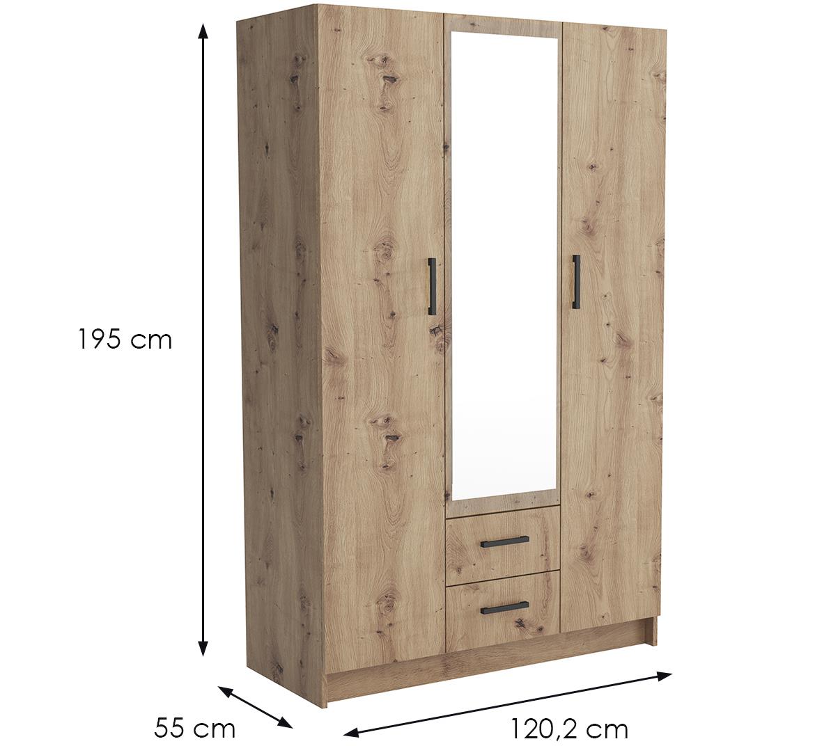 Pino 1 ormar/ogledalo 3 vrata+2 fioke 120,2x55x195 cm natur (artisan hrast)