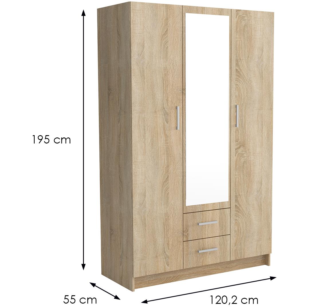Pino 1 ormar/ogledalo 3 vrata+2 fioke 120,2x55x195 cm natur (sonoma hrast)