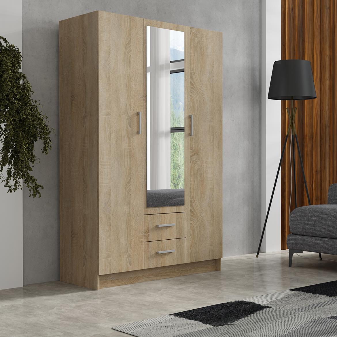 Pino 1 ormar/ogledalo 3 vrata+2 fioke 120,2x55x195 cm natur (sonoma hrast)