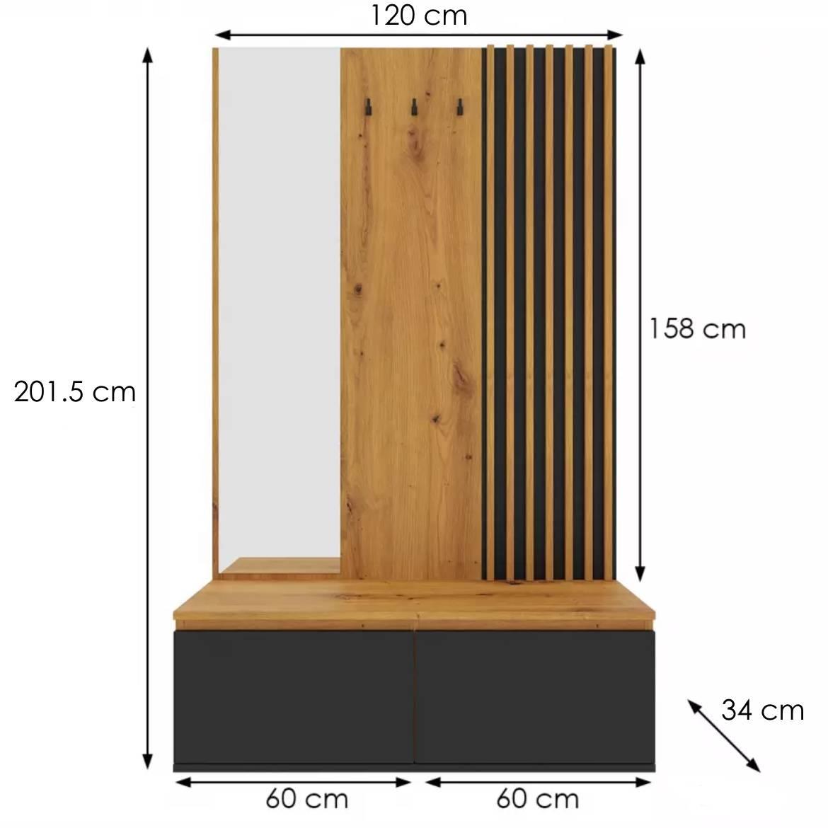 Nairobi predsoblje 2 vrata+3 kukice 120x44x198 cm natur (artisan hrast)/crno