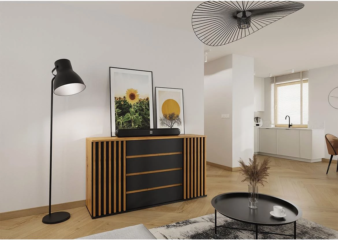 Nairobi komoda 2 vrata+4 fioke 160x44x83 cm natur (artisan hrast)/crna