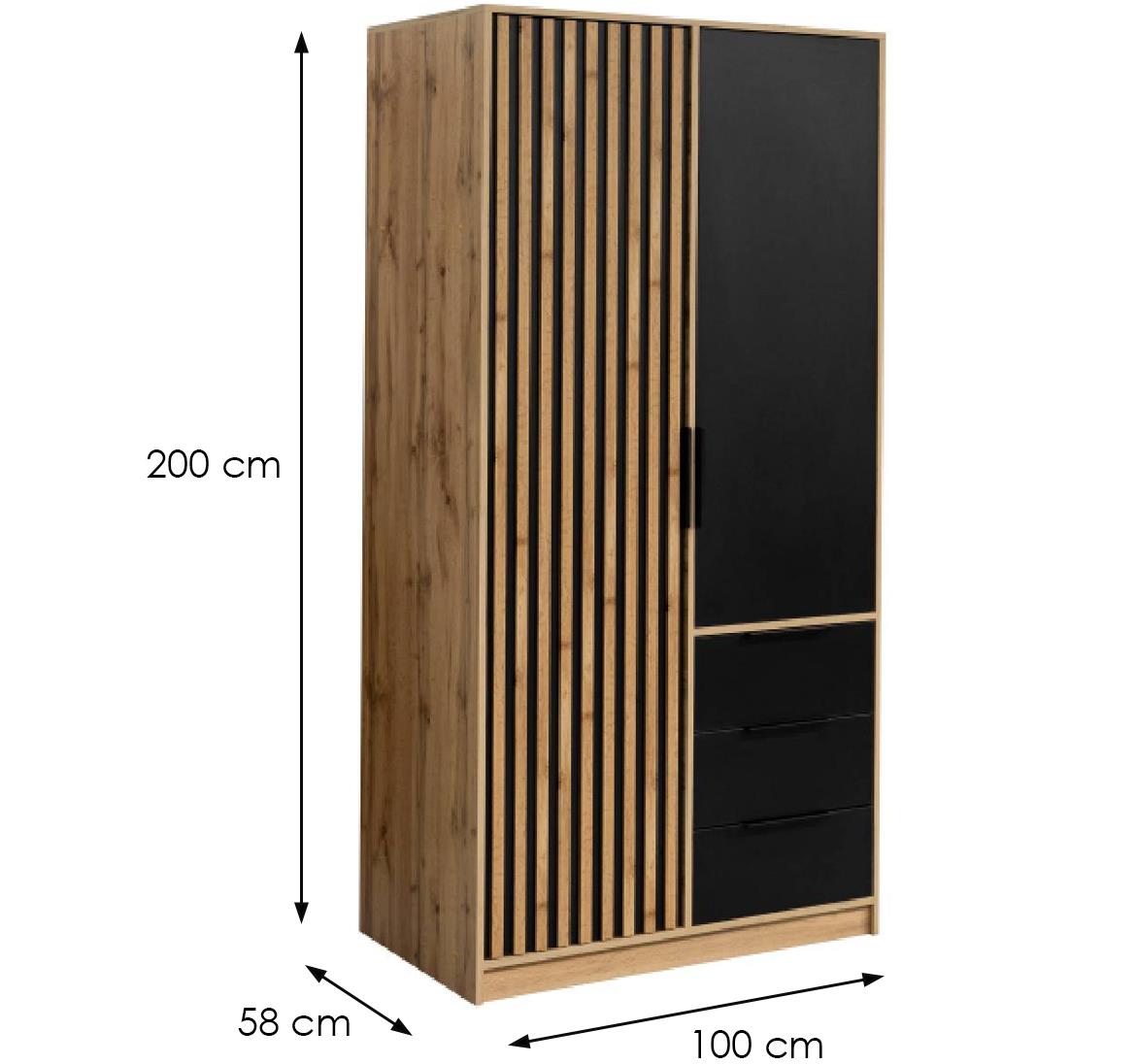 Bali D2 ormar/ogledalo 2 vrata + 3 fioke 100x58x200 cm natur(wotan hrast)/crna