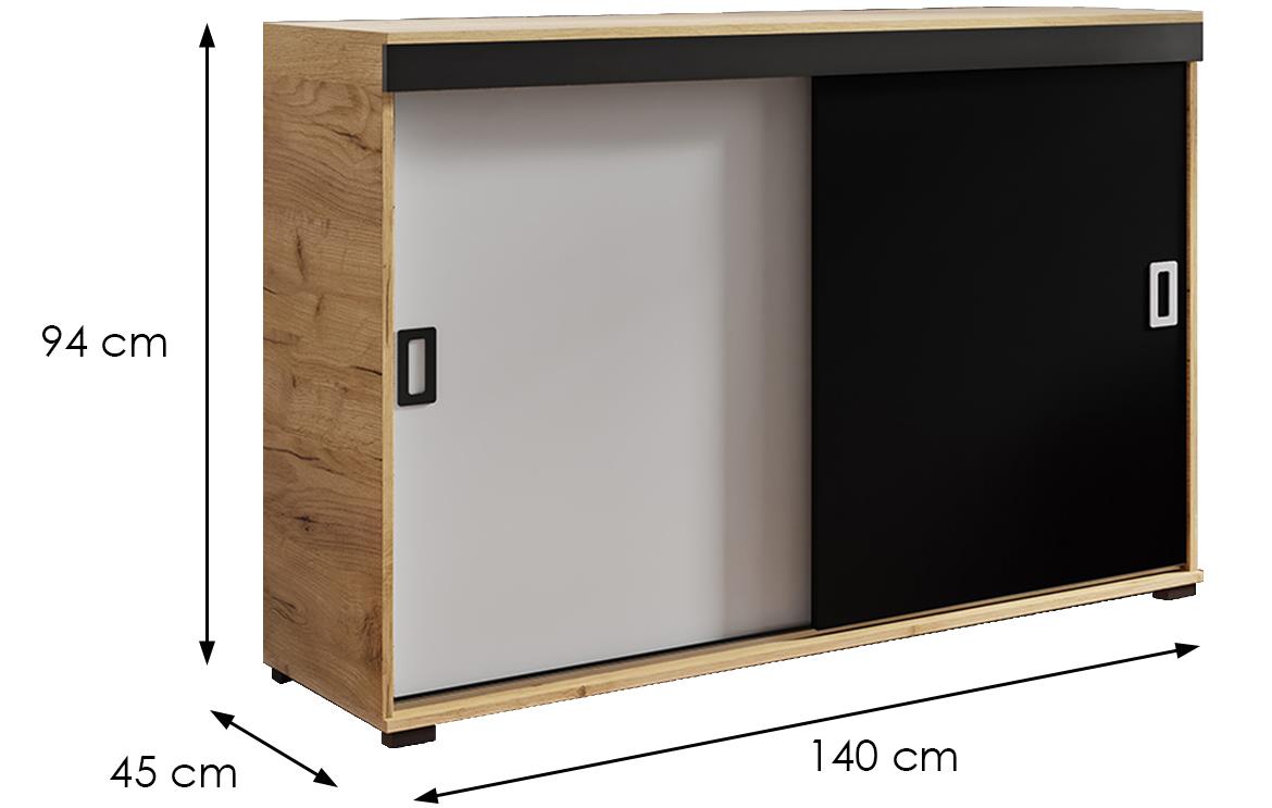 Retro 140 komoda 2 vrata 140x45x94 cm bela/crna/natur