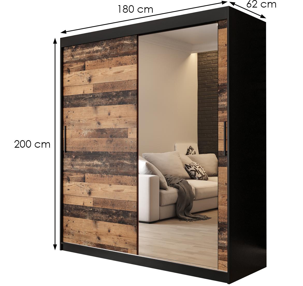 Old Wood ormar/ogledalo 2 vrata T2 180x62x200 cm rustik drvo/crni