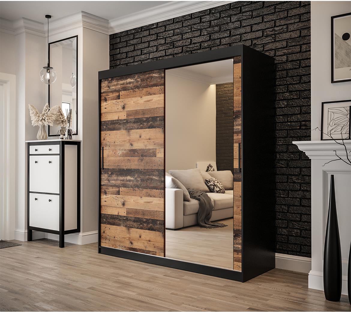 Old Wood ormar/ogledalo 2 vrata T2 180x62x200 cm rustik drvo/crni