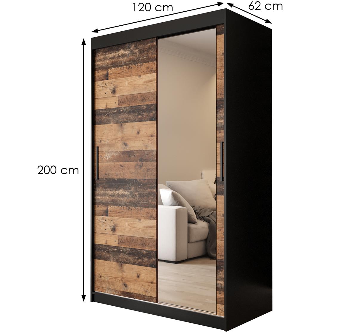Old Wood ormar/ogledalo 2 vrata T2 120x62x200 cm rustik drvo/crni