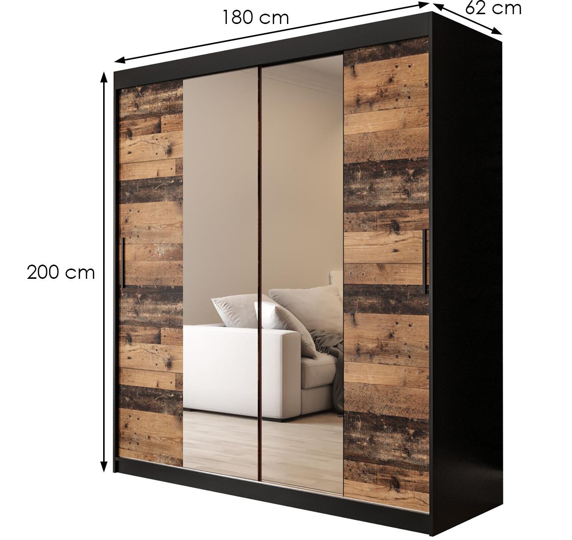Old Wood ormar/ogledalo 2 vrata T1 180x62x200 cm rustik drvo/crni