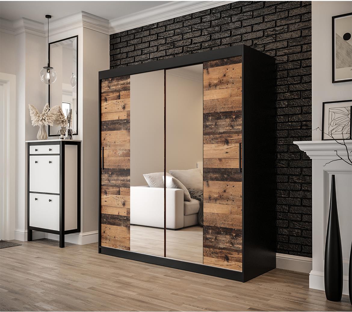 Old Wood ormar/ogledalo 2 vrata T1 180x62x200 cm rustik drvo/crni