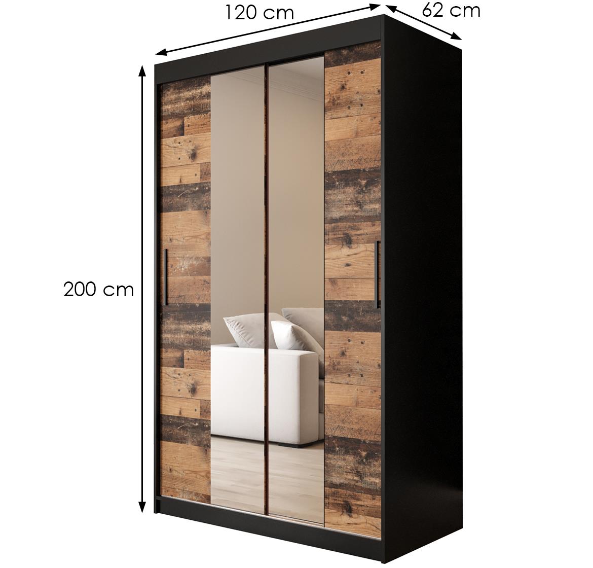 Old Wood ormar/ogledalo 2 vrata T1 120x62x200 cm rustik drvo/crni