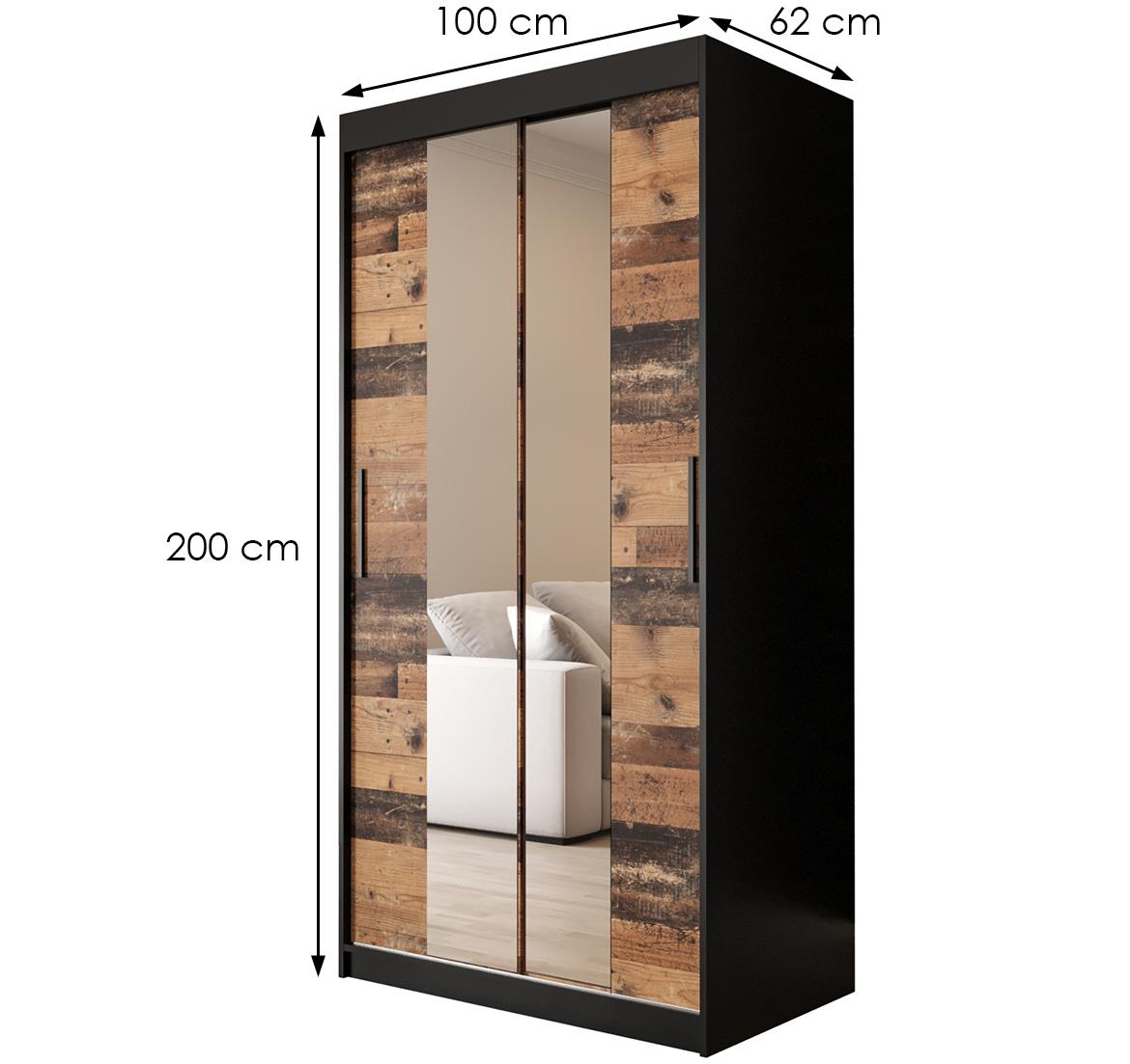 Old Wood ormar/ogledalo 2 vrata T1 100x62x200 cm rustik drvo/crni
