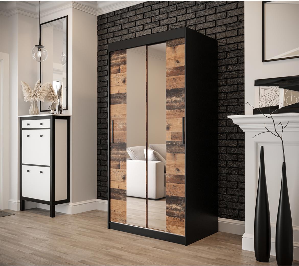 Old Wood ormar/ogledalo 2 vrata T1 100x62x200 cm rustik drvo/crni
