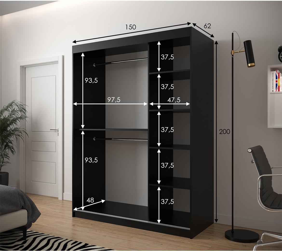 Hexagon ormar/ogledalo 2 vrata 150x62x200 cm crno/beli