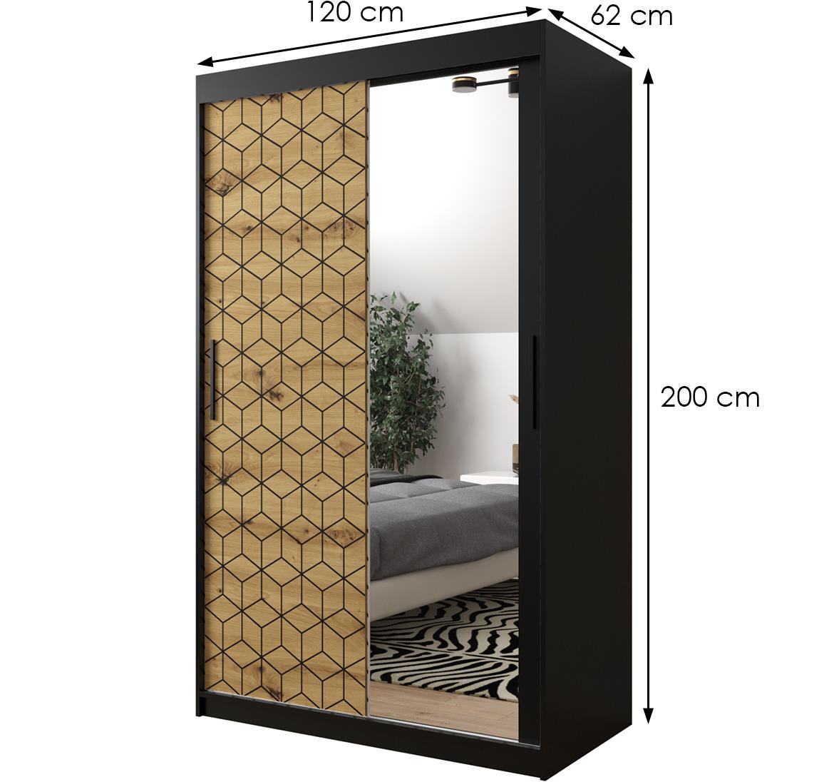 Hexagon ormar/ogledalo 2 vrata 120x62x200 cm natur (artisan hrast)/crni