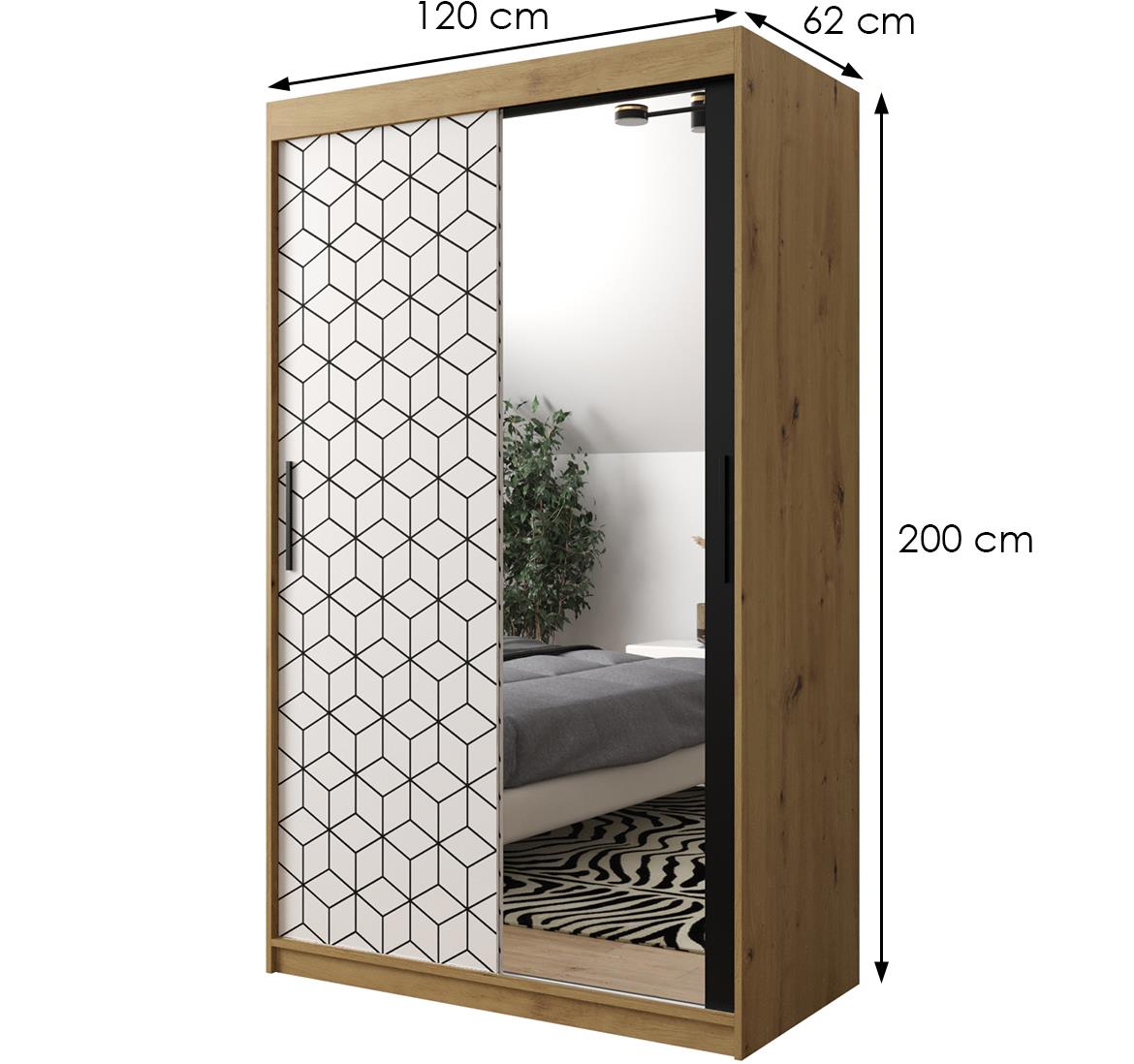 Hexagon ormar/ogledalo 2 vrata 120x62x200 cm natur (artisan hrast)/beli