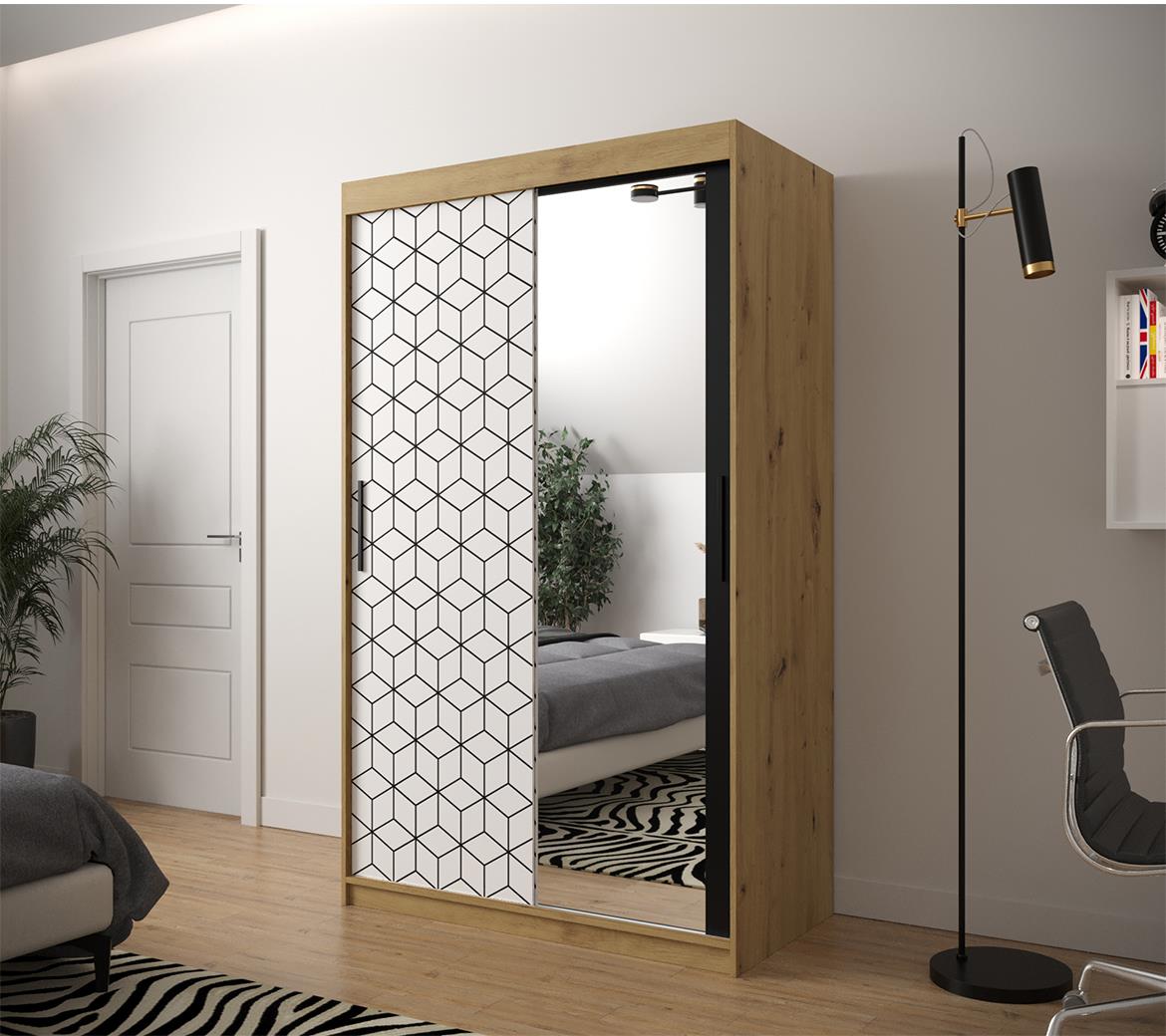 Hexagon ormar/ogledalo 2 vrata 120x62x200 cm natur (artisan hrast)/beli