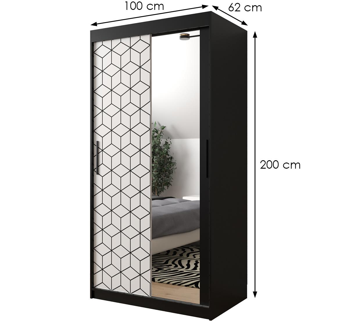 Hexagon ormar/ogledalo 2 vrata 100x62x200 cm crno/beli