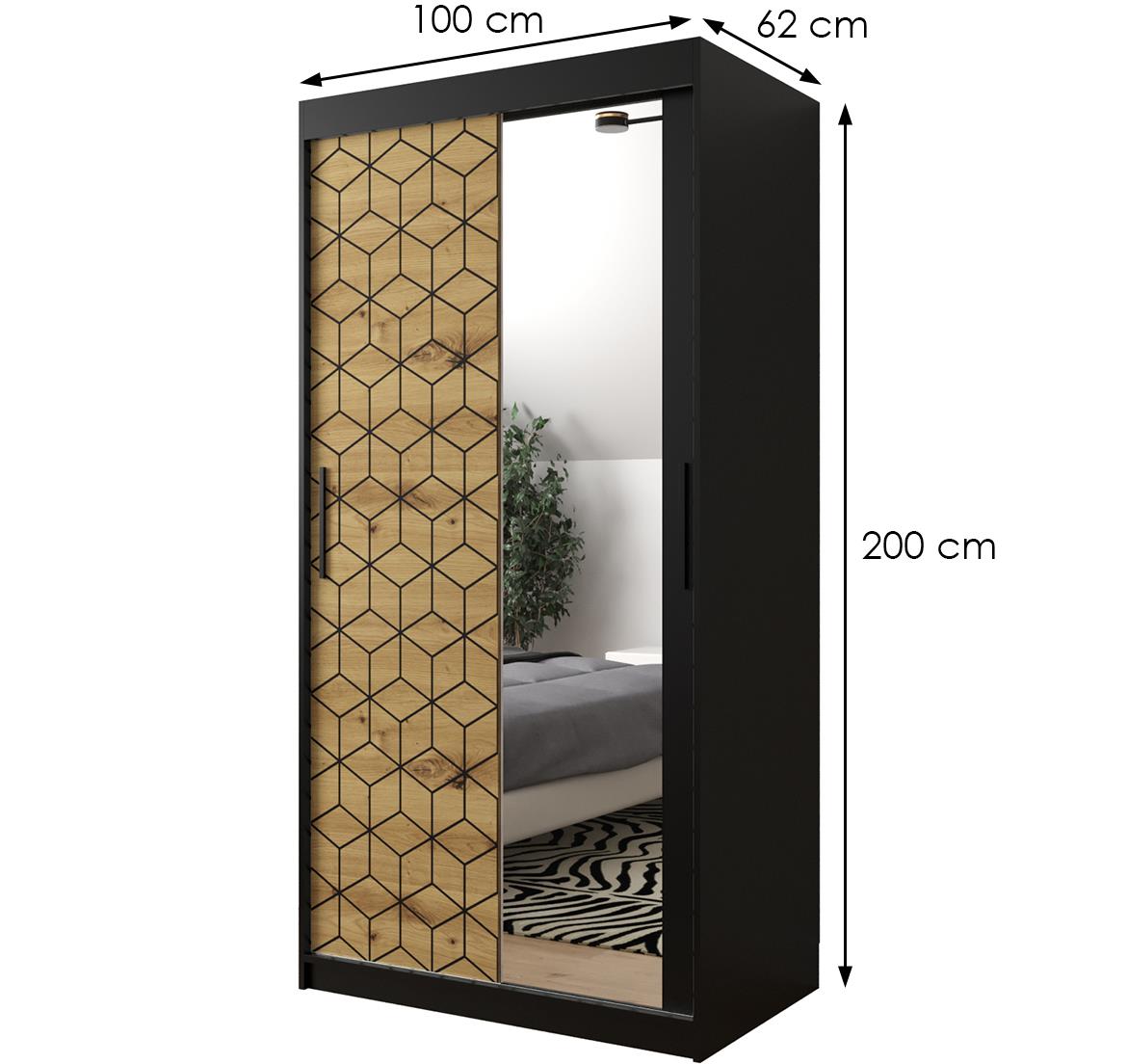 Hexagon ormar/ogledalo 2 vrata 100x62x250 cm natur (artisan hrast)/crni