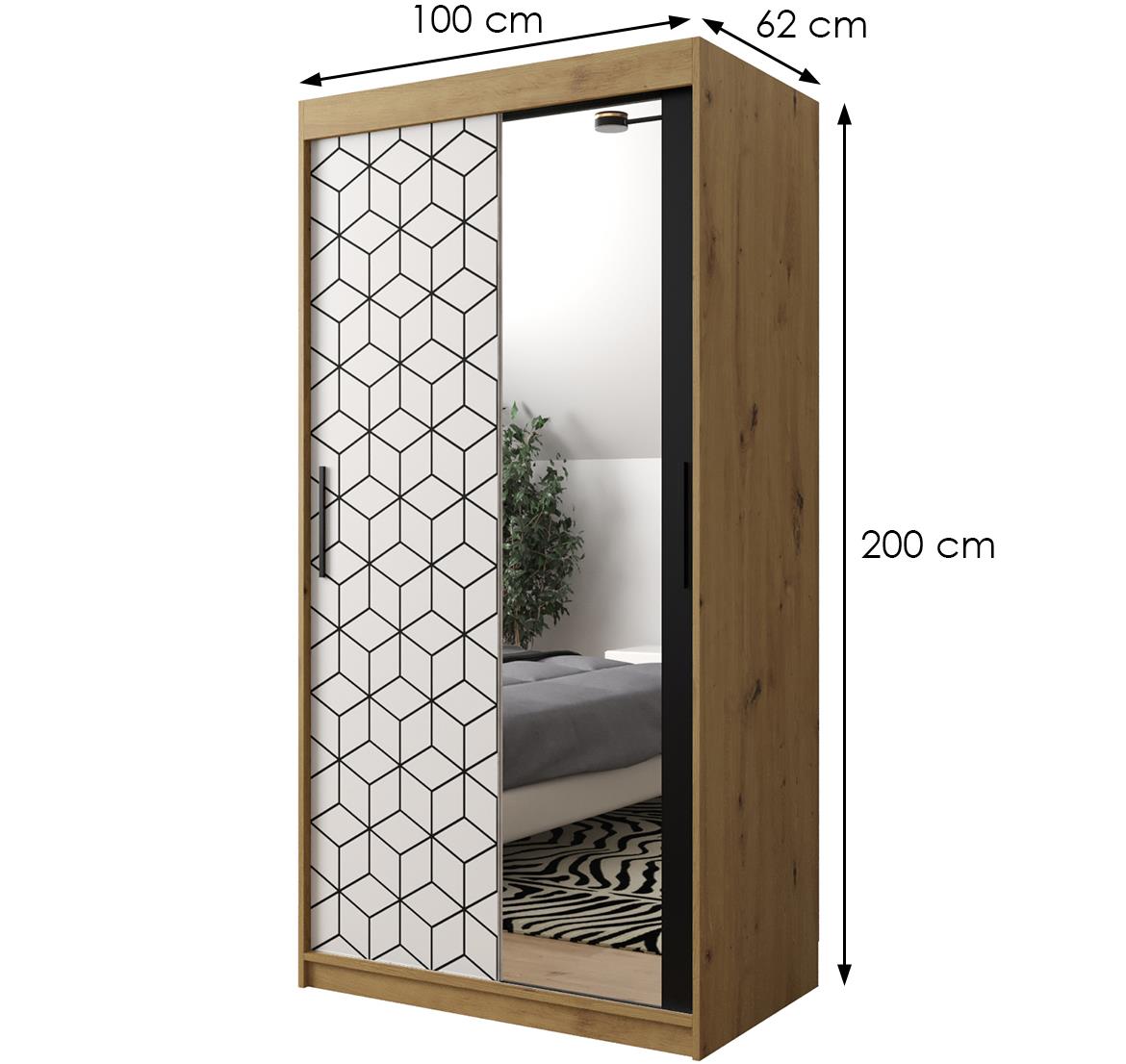 Hexagon ormar/ogledalo 2 vrata 100x62x200 cm natur (artisan hrast)/beli