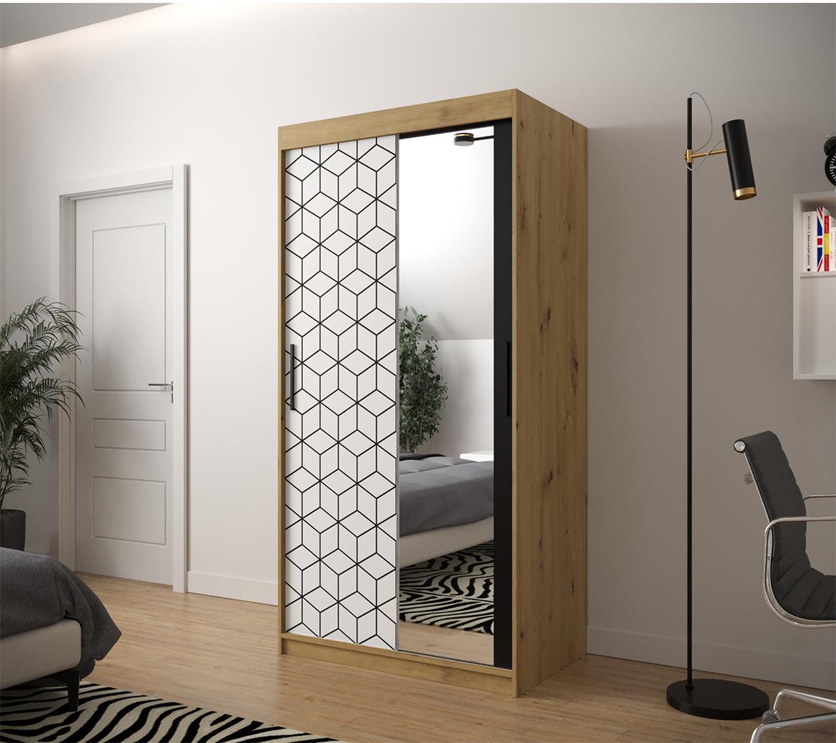 Hexagon ormar/ogledalo 2 vrata 100x62x200 cm natur (artisan hrast)/beli