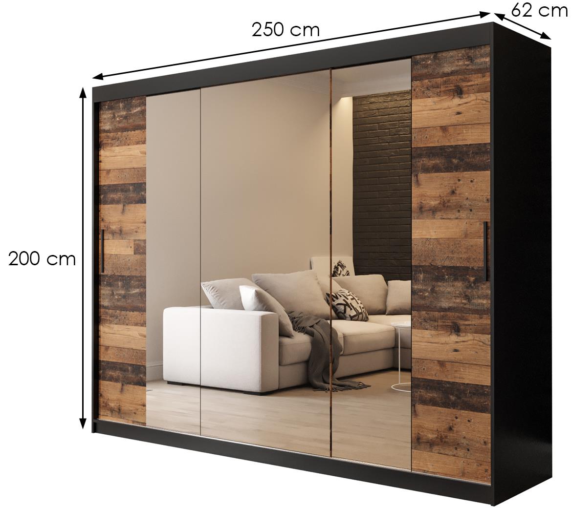 Old Wood ormar/ogledalo 2 vrata T2 250x62x200 cm rustik drvo/crni