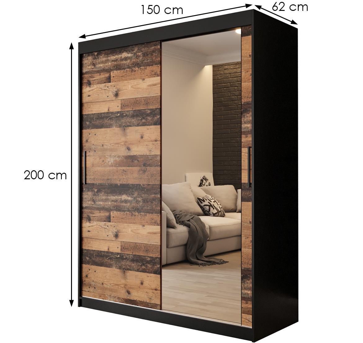 Old Wood ormar/ogledalo 2 vrata T2 150x62x200 cm rustik drvo/crni