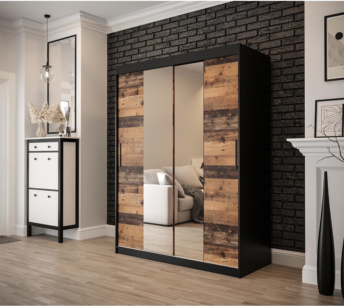 Old Wood ormar/ogledalo 2 vrata T2 100x62x200 cm rustik drvo/crni