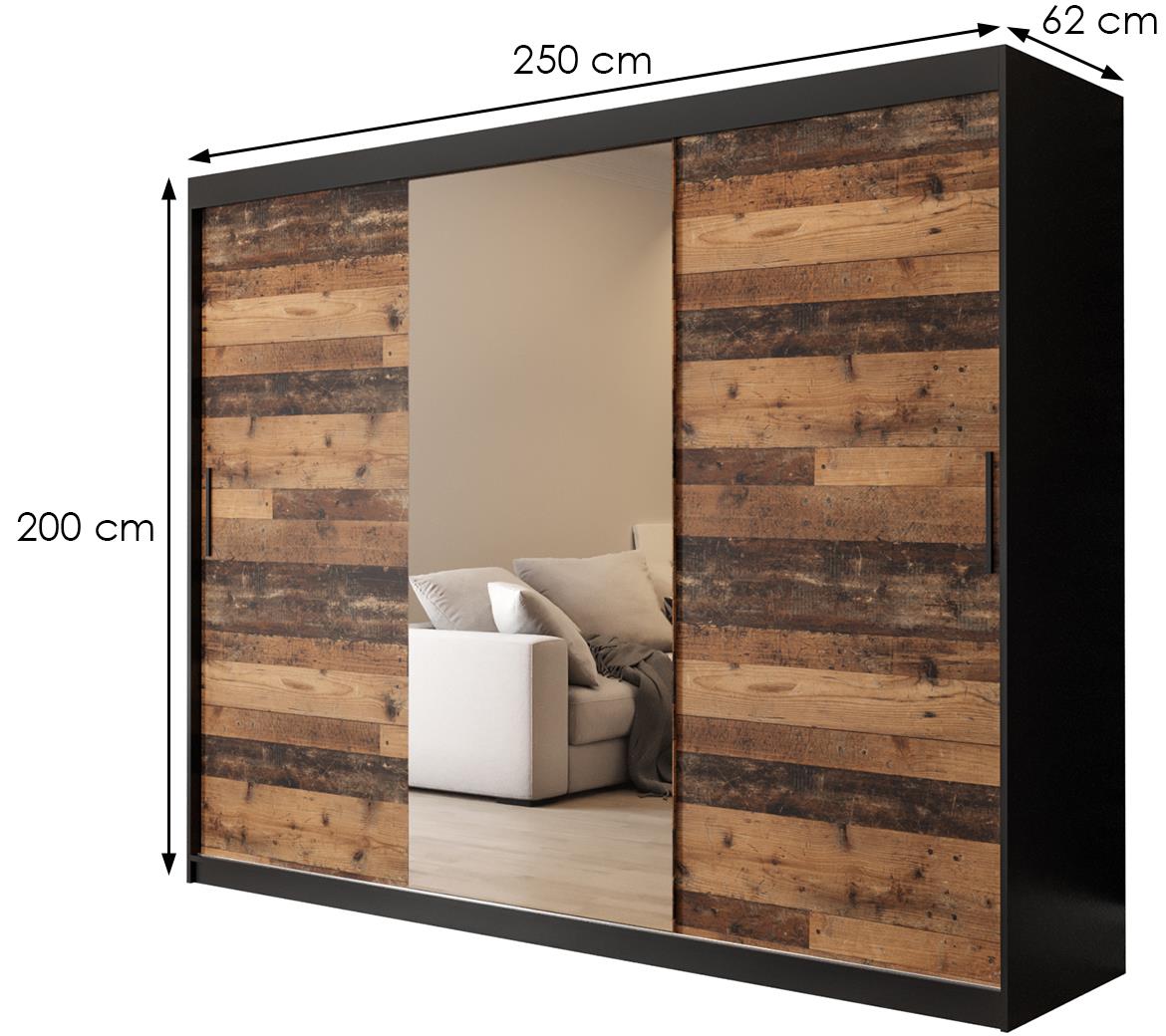 Old Wood ormar/ogledalo 3 vrata T1 250x62x200 cm rustik drvo/crni