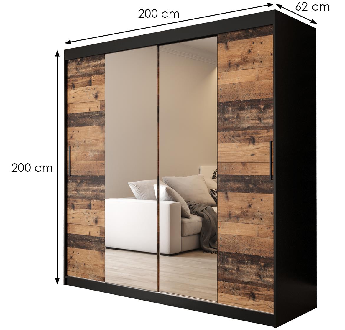 Old Wood ormar/ogledalo 2 vrata T1 200x62x200 cm rustik drvo/crni